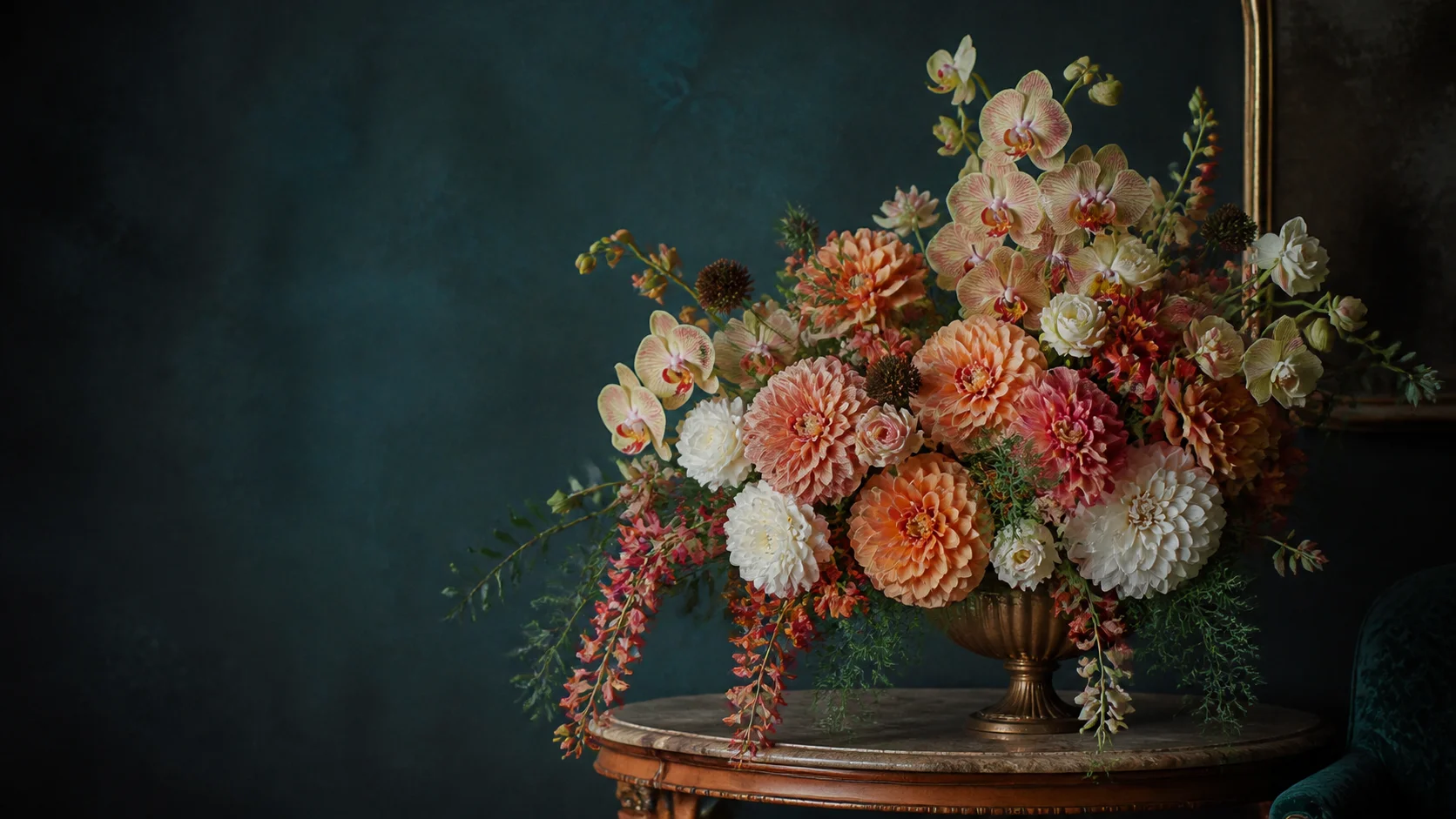 Composição floral artística com orquídeas e dálias em tons coral e marfim